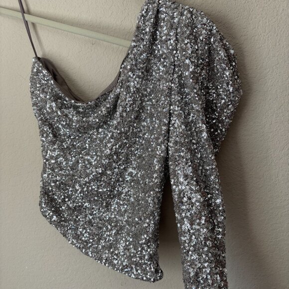 Express Sequin One Shoulder Puff Sleeve Top NYE New Years - Picture 5 of 10